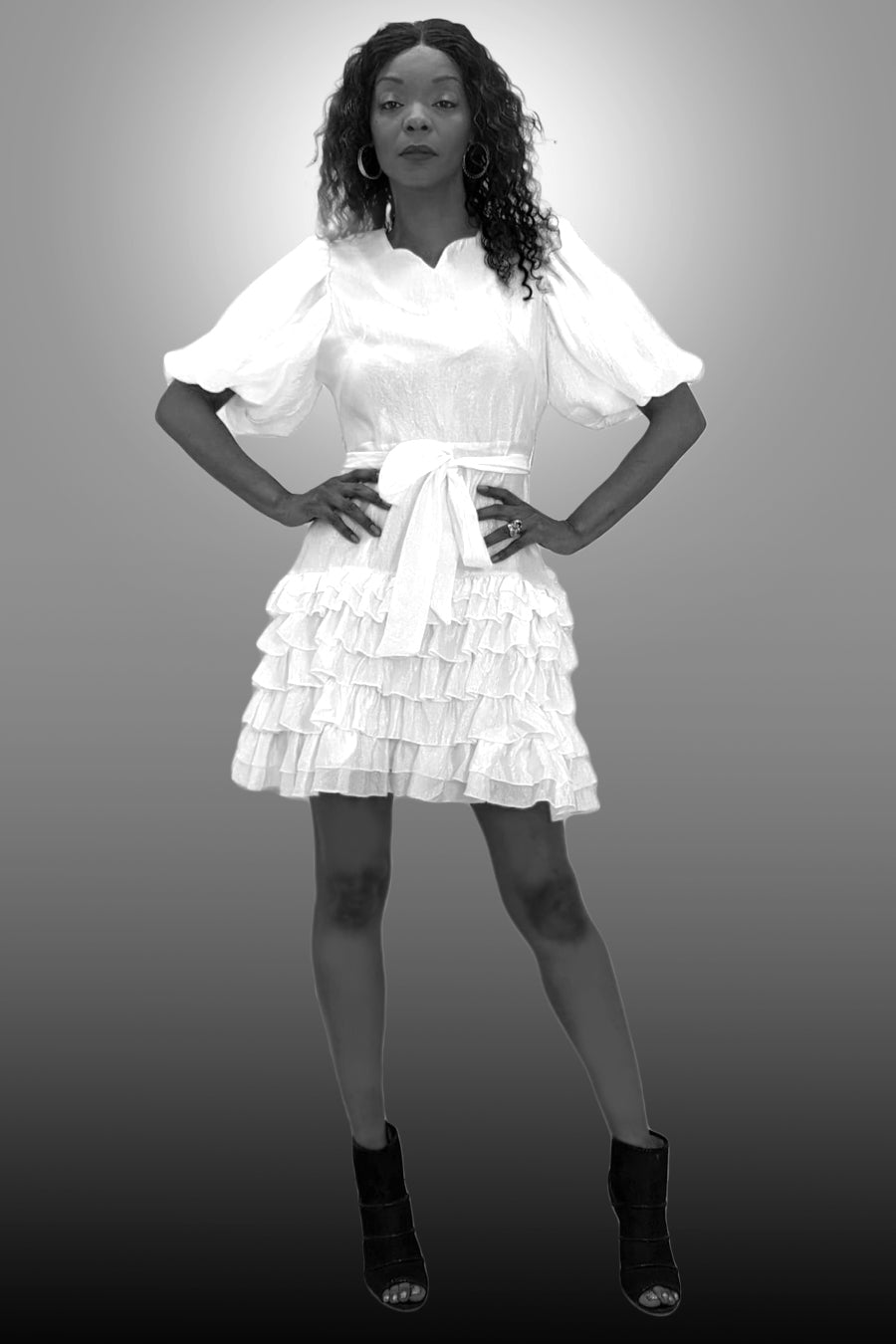 Puff Sleeve Ruffle Wrap Belt Short Dress