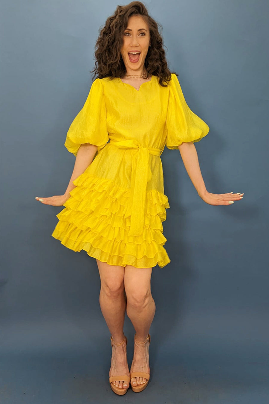 Puff Sleeve Ruffle Wrap Belt Short Dress