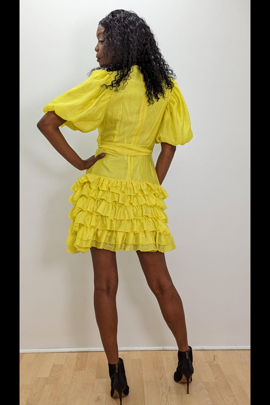 Yellow Puff Sleeve Ruffle Wrap Belt Short Dress for $119.99 – The Dress ...