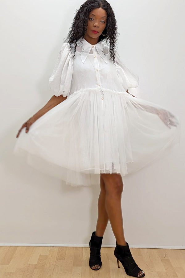 Puff Sleeve Embellished Collar Tulle Short Dress