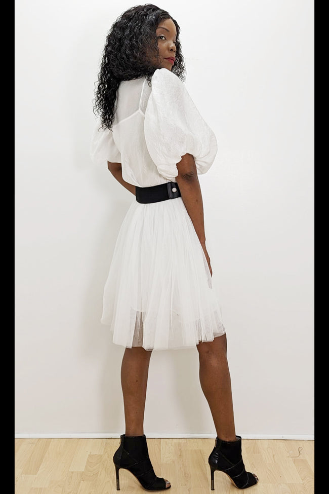Puff Sleeve Embellished Collar Tulle Short Dress