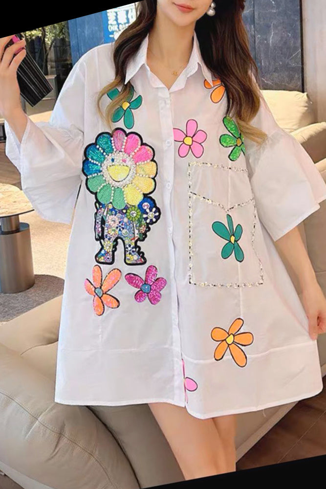 Short Sleeve Embellished Petals Print Cotton Dress