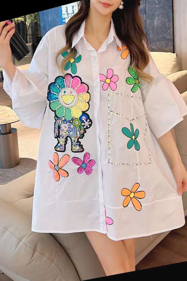 Short Sleeve Embellished Petals Print Cotton Dress