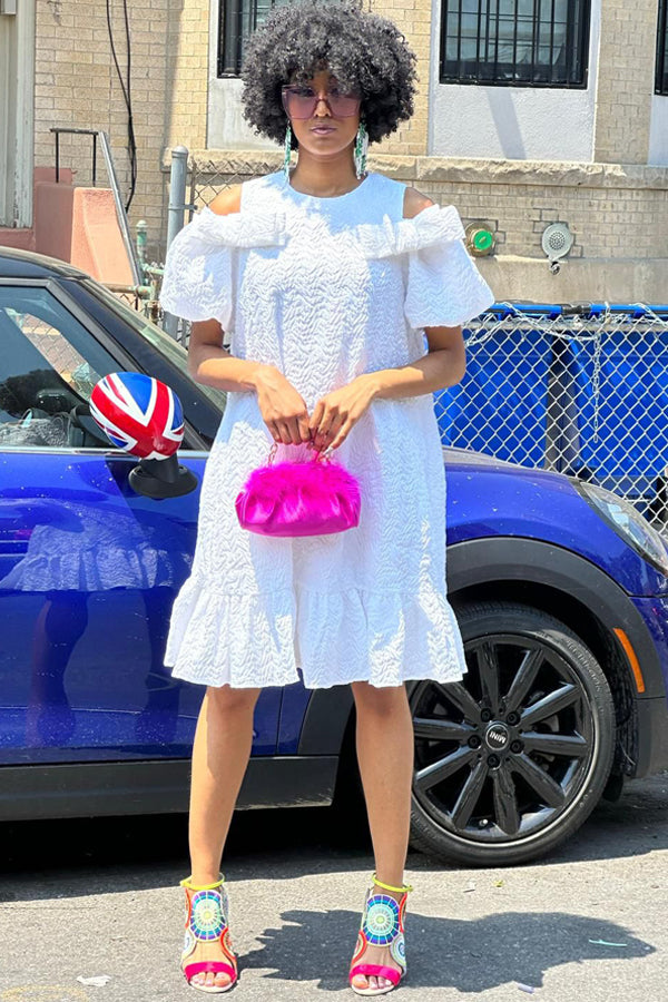Bow Cold Shoulder Popcorn Short Dress