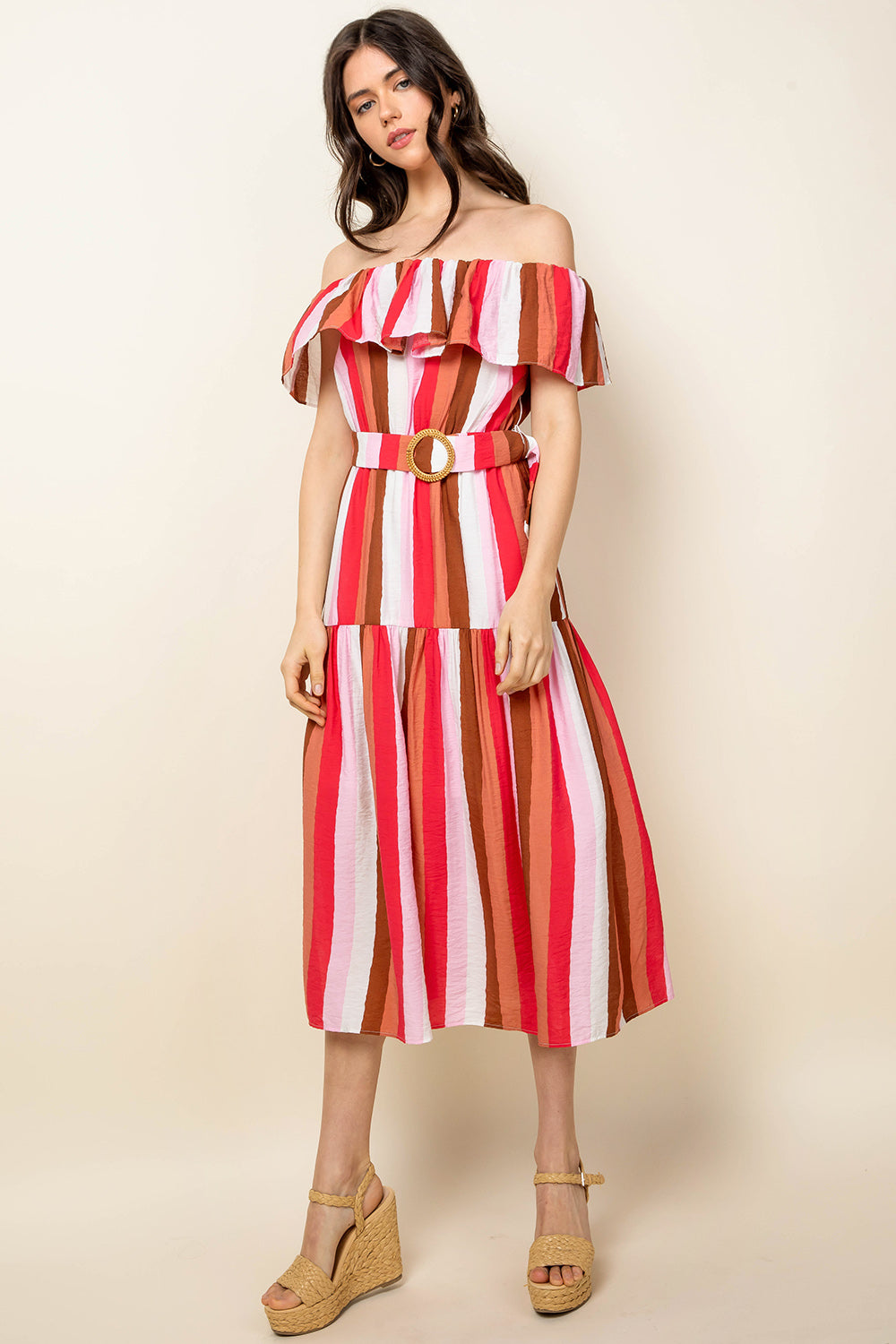 Stripe Off Shoulder Midi Dress