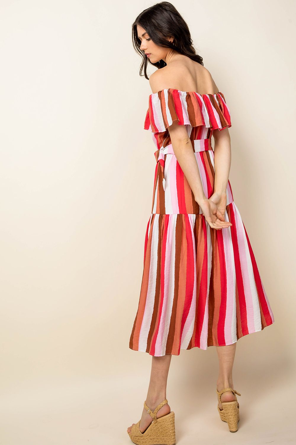 Stripe Off Shoulder Midi Dress