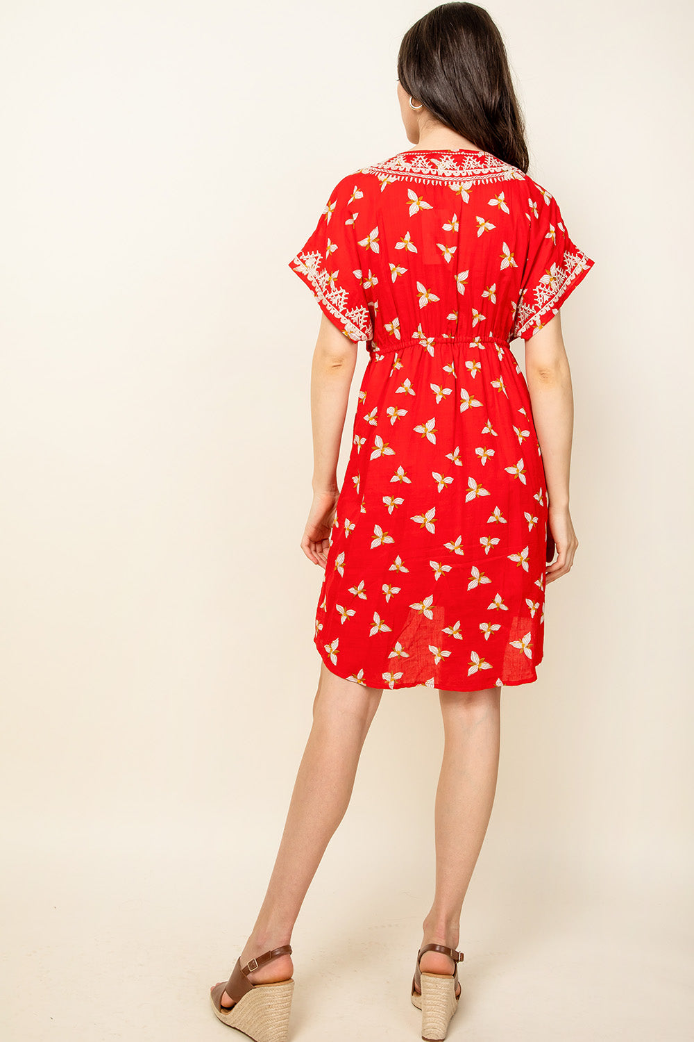 Short Print V Neck Embroidered Dress