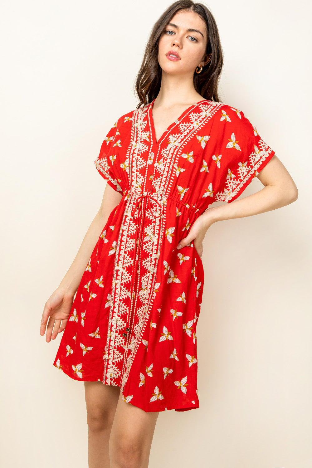 Short Print V Neck Embroidered Dress