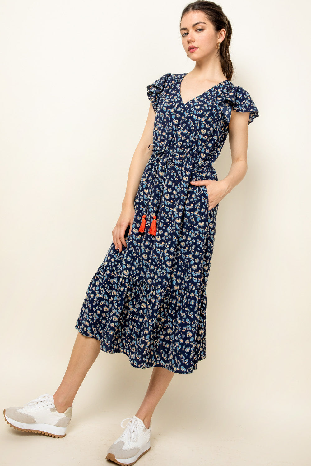 Navy Satin Flutter Sleeve Midi Dress main image 1