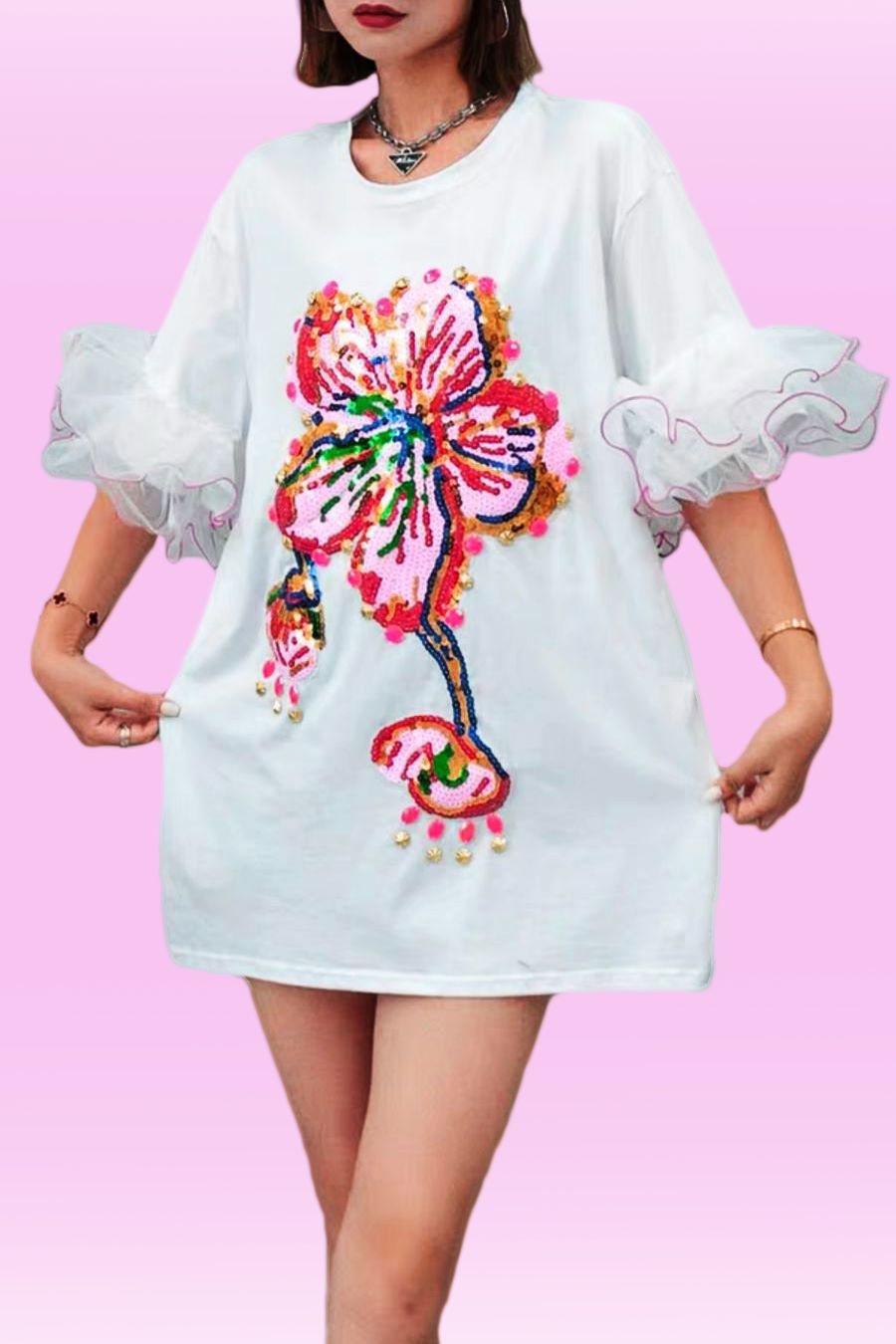 Short Sleeve Flower Sequin Ruffle Dress