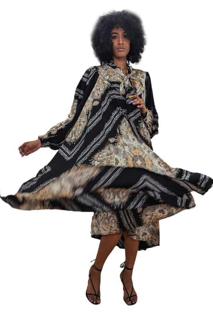 Formal Dresses Long Sleeve Patterned Midi Dress Black