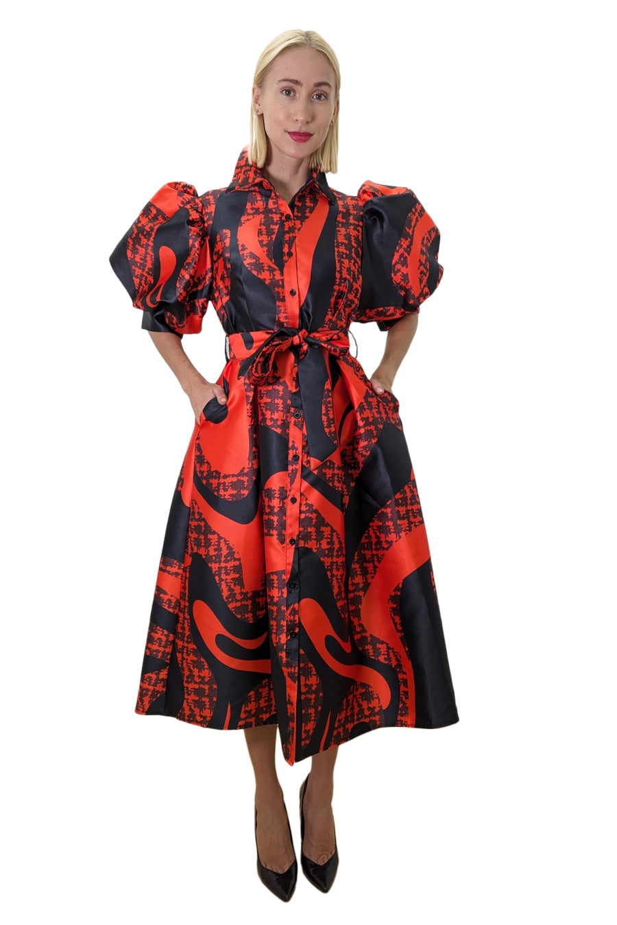 Red Black Puff Sleeve Button Down Collared Wrap Belt Midi Dress for $149.99 – The Dress Outlet Red Black Puff Sleeve Button Down Collared Wrap Belt Midi Dress for $149.99 – The Dress Outlet