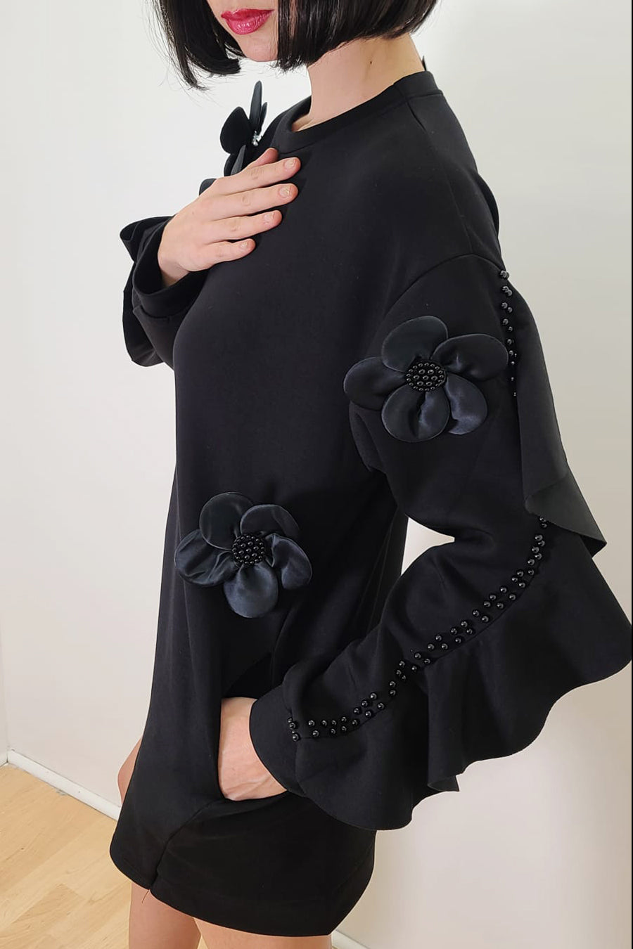 Long Sleeve Flower Embellished Short Dress