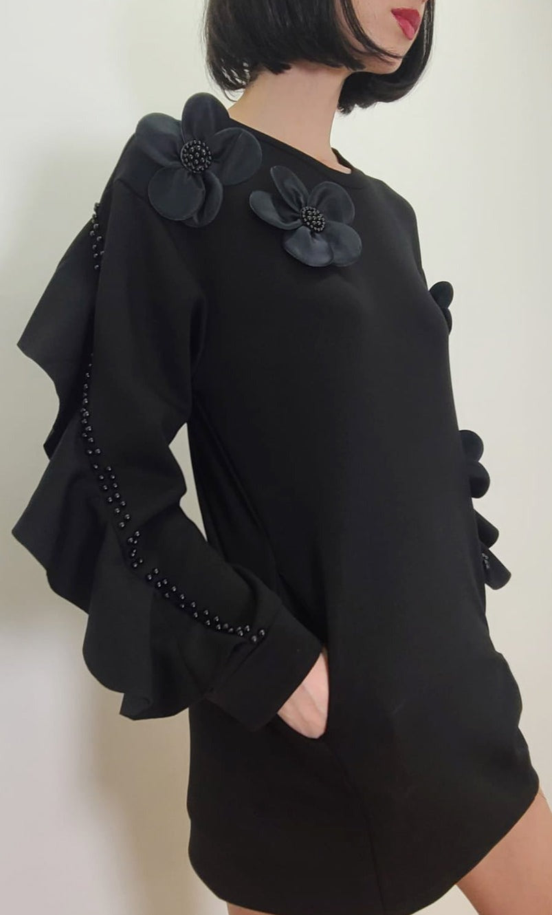 Long Sleeve Flower Embellished Short Dress
