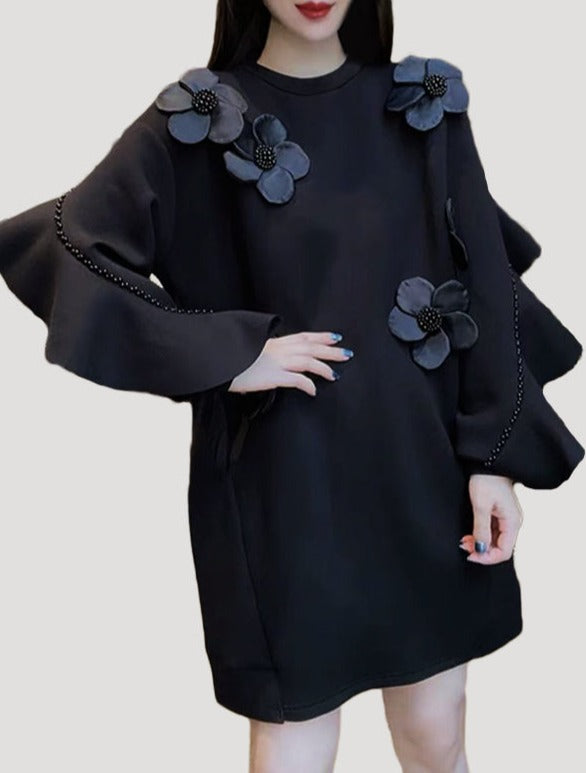 Black Long Sleeve Flower Embellished Short Dress for $109.99 – The ...