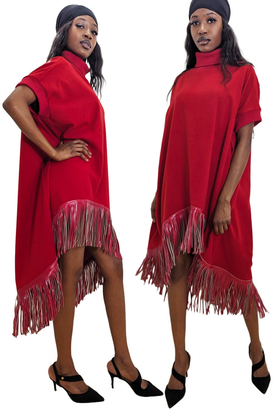 Short Sleeve Leather Fringe High Low Dress