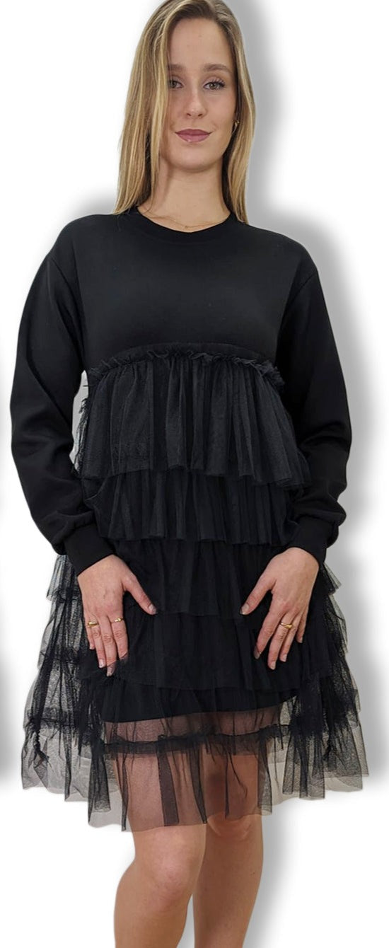 Long Sleeve Tiered Chiffon Stretch Shirt Short Dress