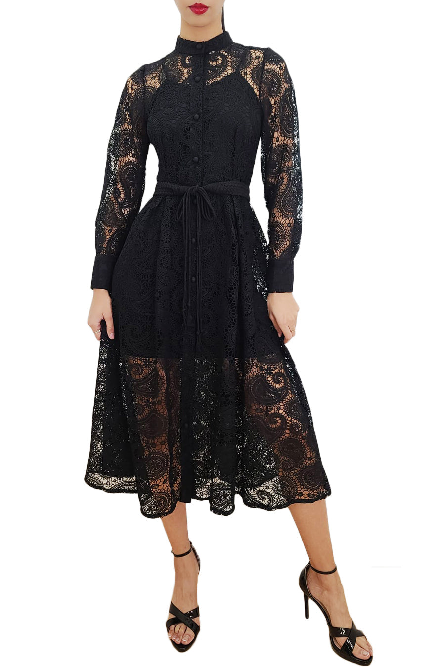 Long Sleeve Button Down Tassel Belt Lace Midi Dress