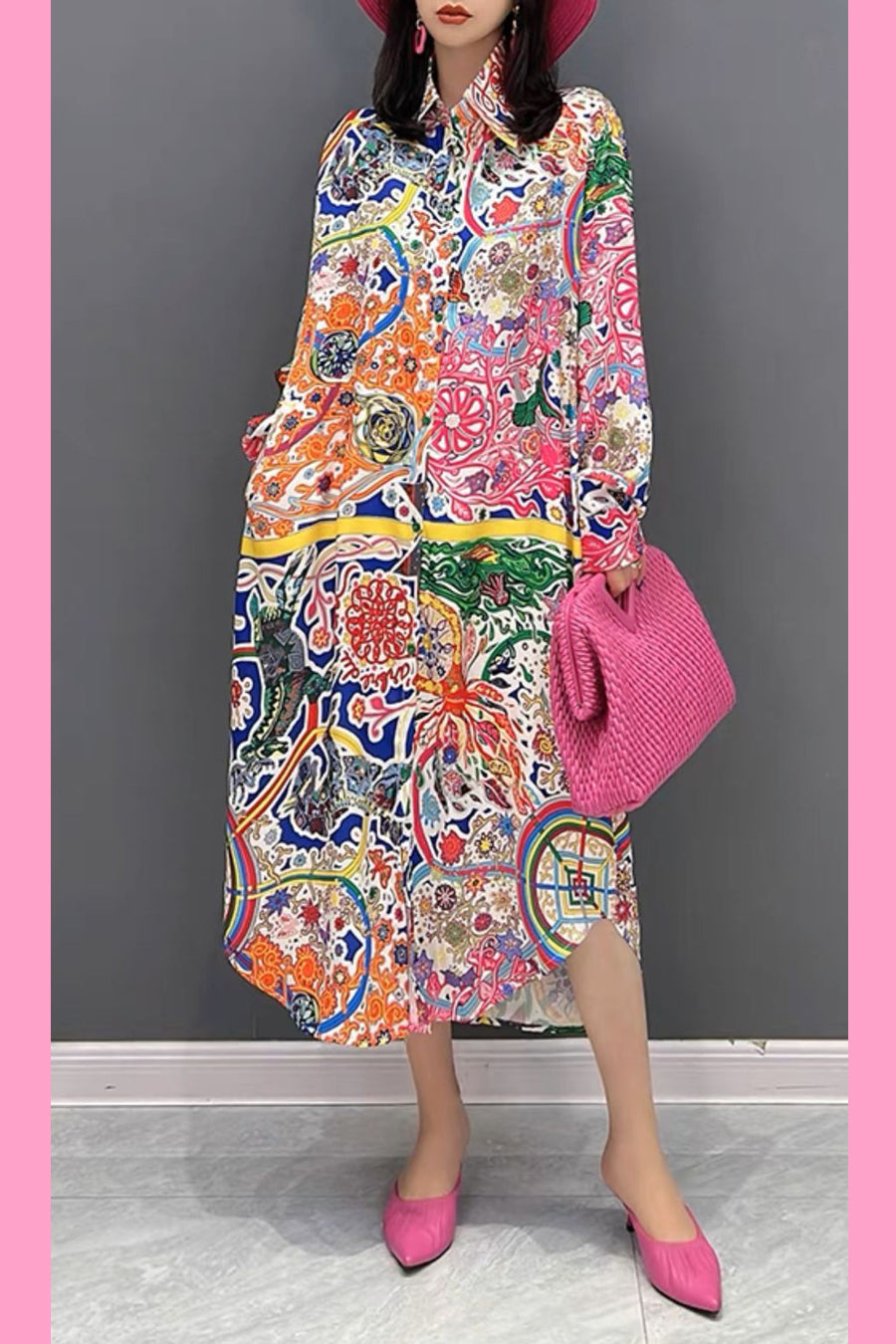 Long Sleeve Multi Colored Button Down Pockets Dress