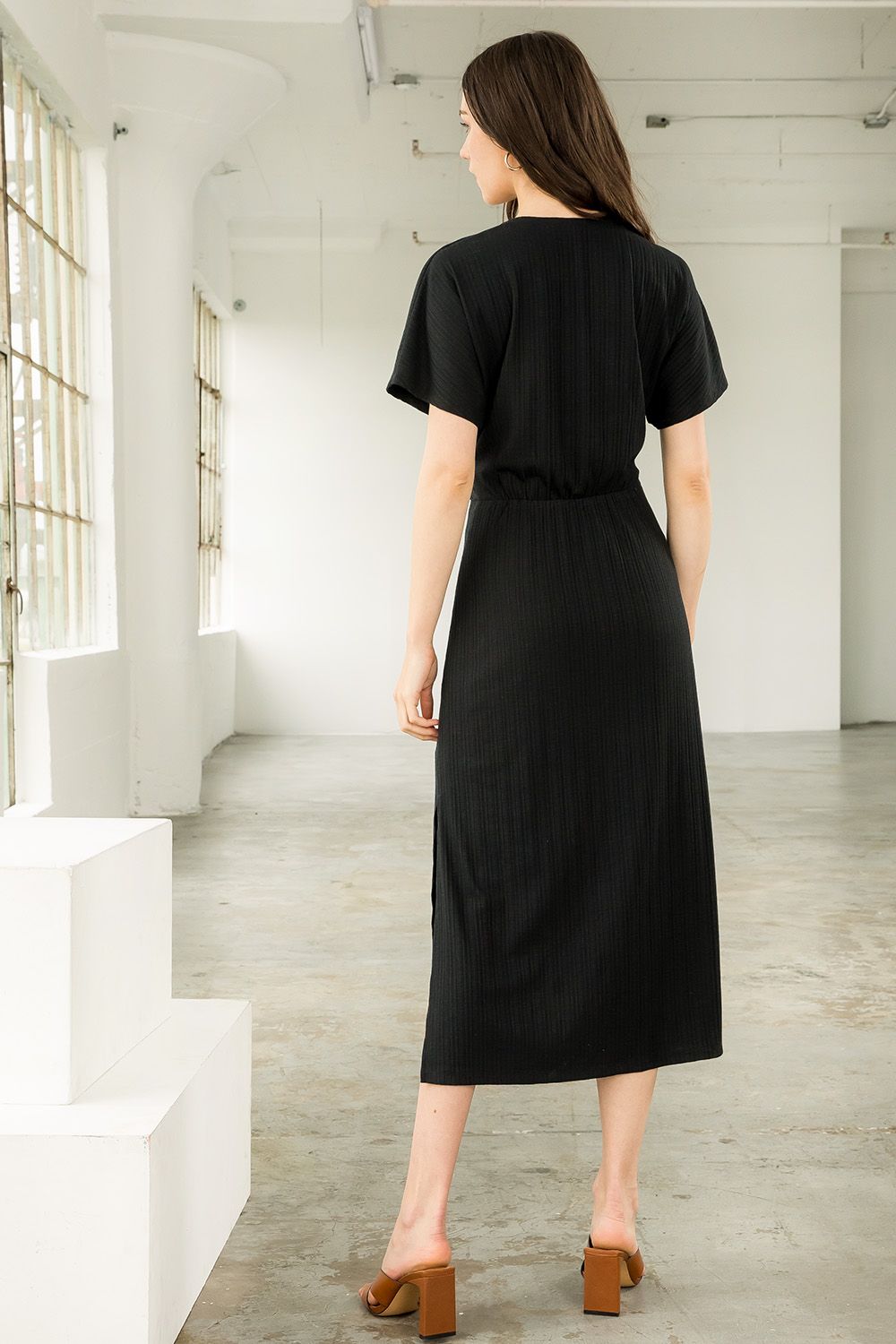 V Neck Slit Knit Midi Dress