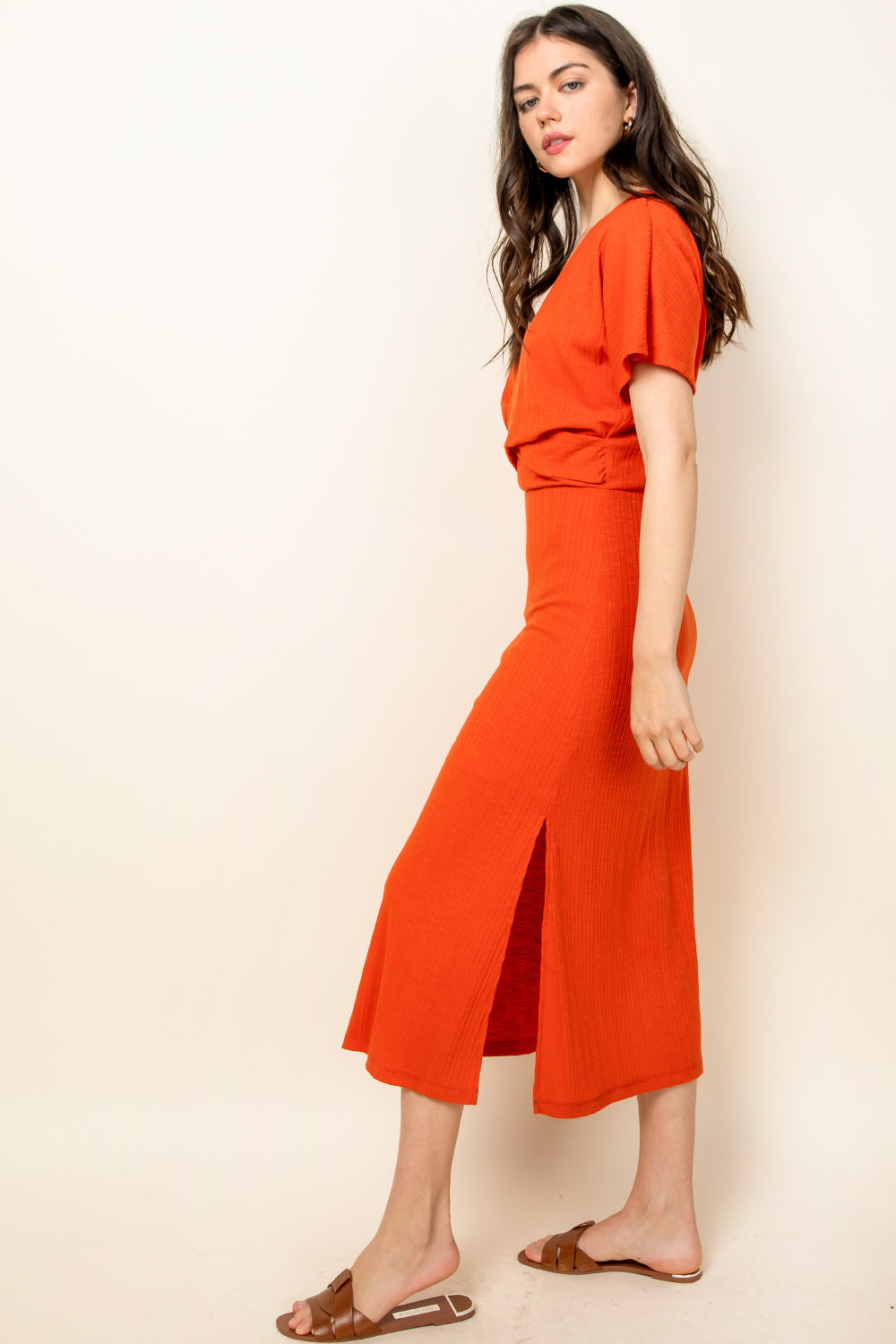 Orange V Neck High Slit Maxi Dress main image 1