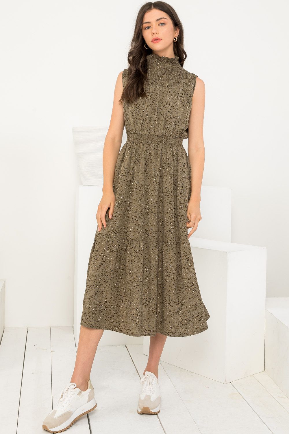 Olive Green DROP SHOULDER SMOCKED WAIST FRONT ZIP PRINTED MIDI DRESS main image 1