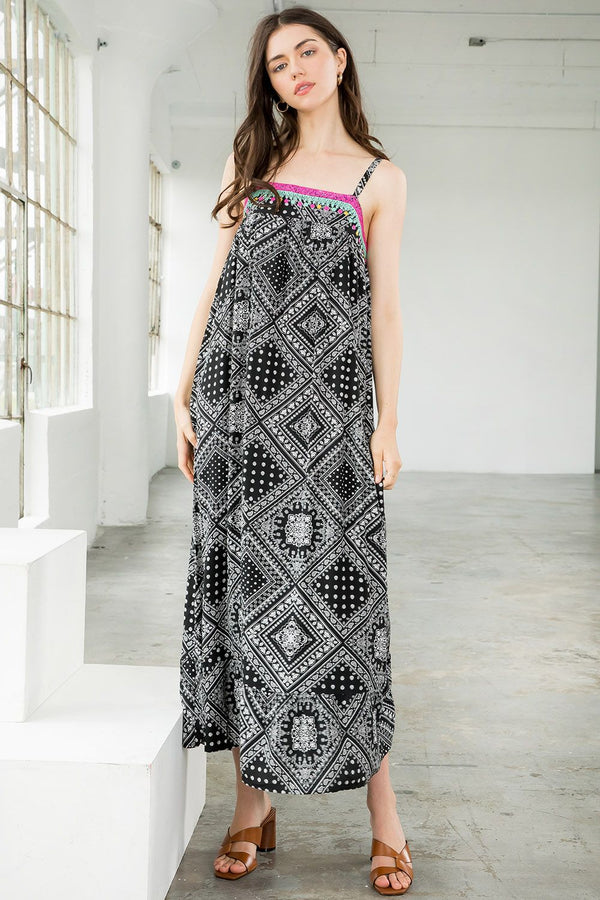 Embroidered Bandana Print Midi Dress