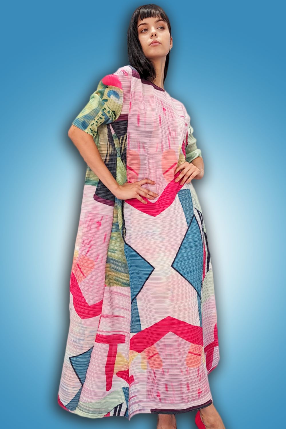 Short Sleeve Abstract Print Pleated Long Dress
