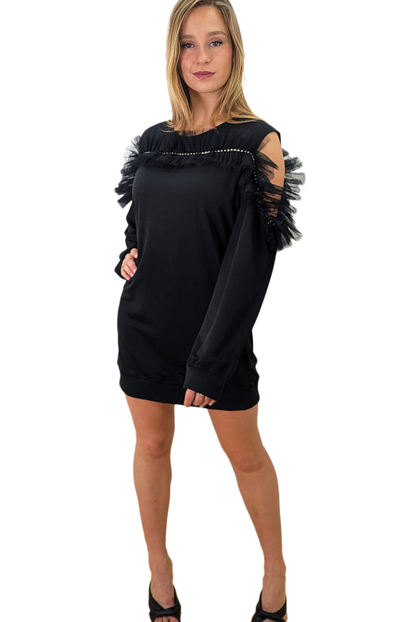 Cold Shoulder Long Sleeve Embellished Short Dress