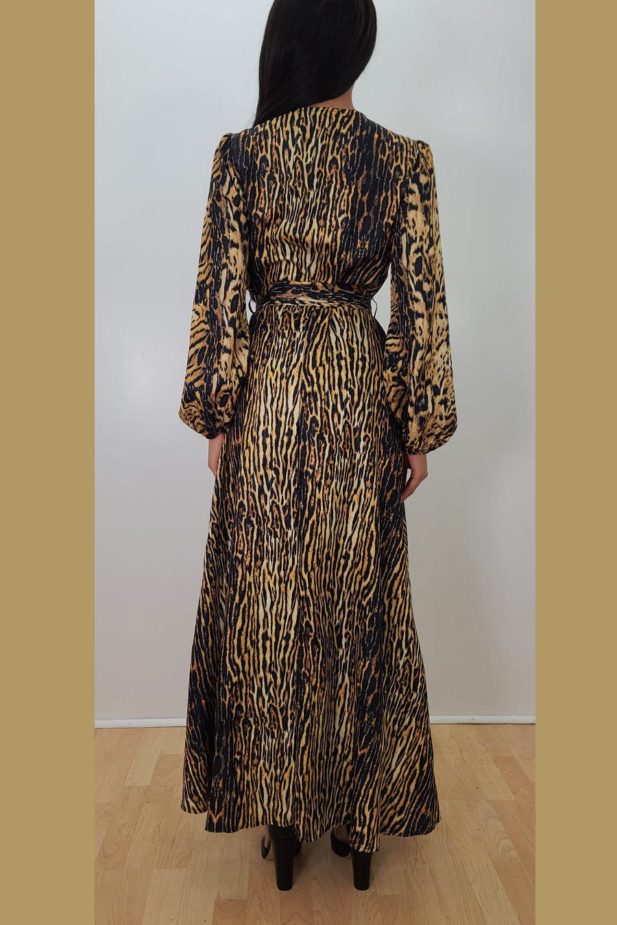 Long Sleeve Leopard Print Wrap Belt V Neck Dress
