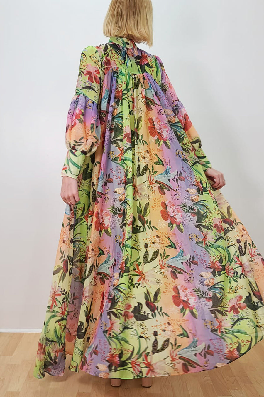 Long Sleeve Floral Print Chiffon Dress