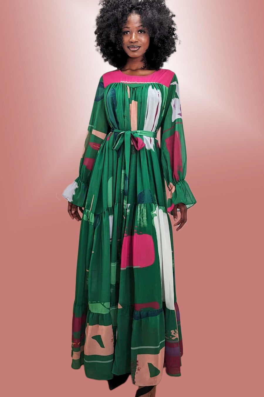 Long Sleeve Tiered Chiffon Dress