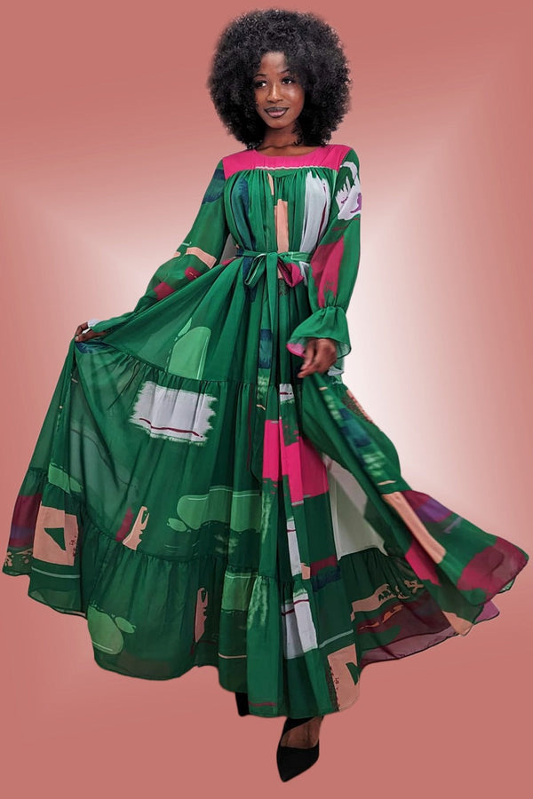Long Sleeve Tiered Chiffon Dress  The Dress Outlet