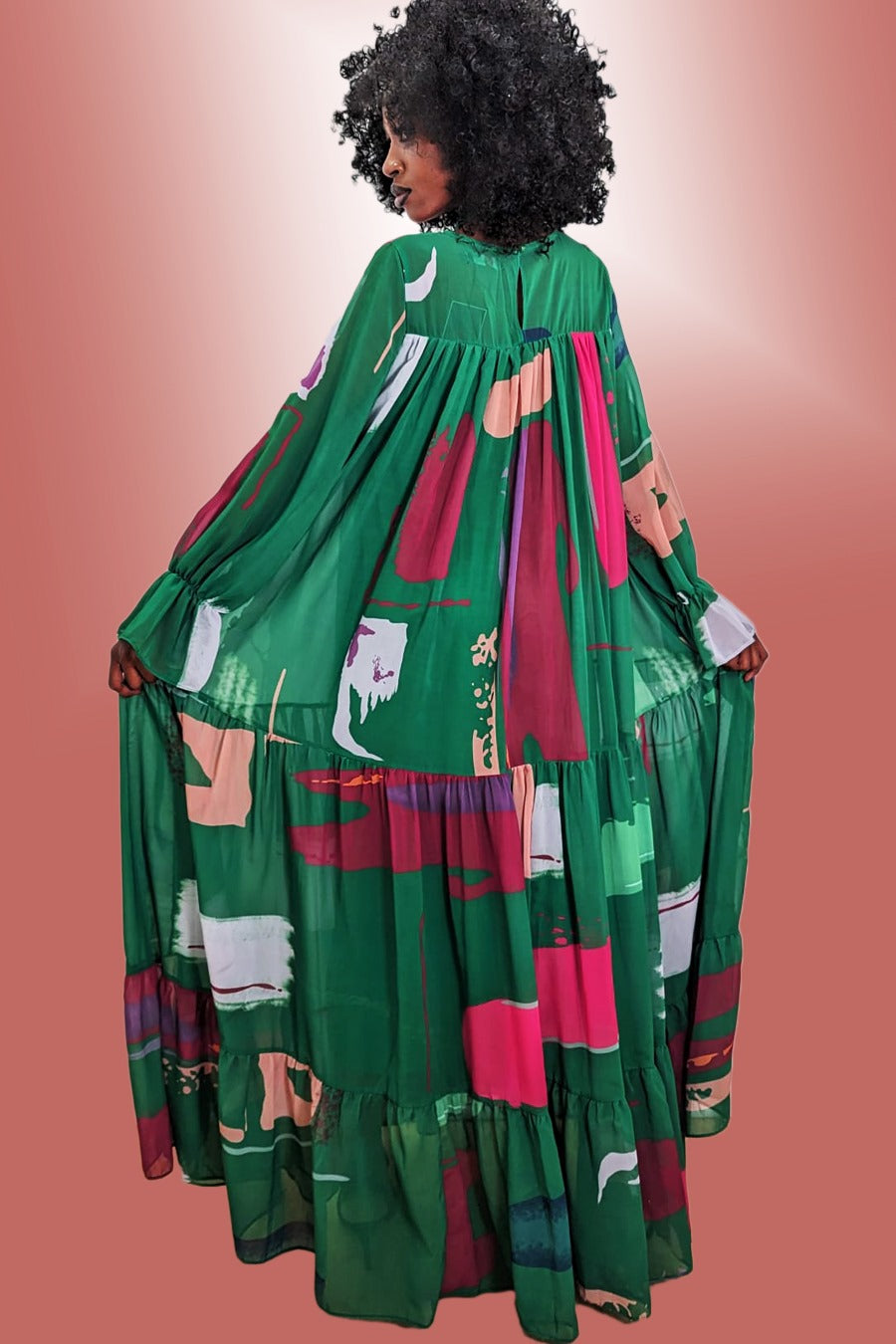 Long Sleeve Tiered Chiffon Dress