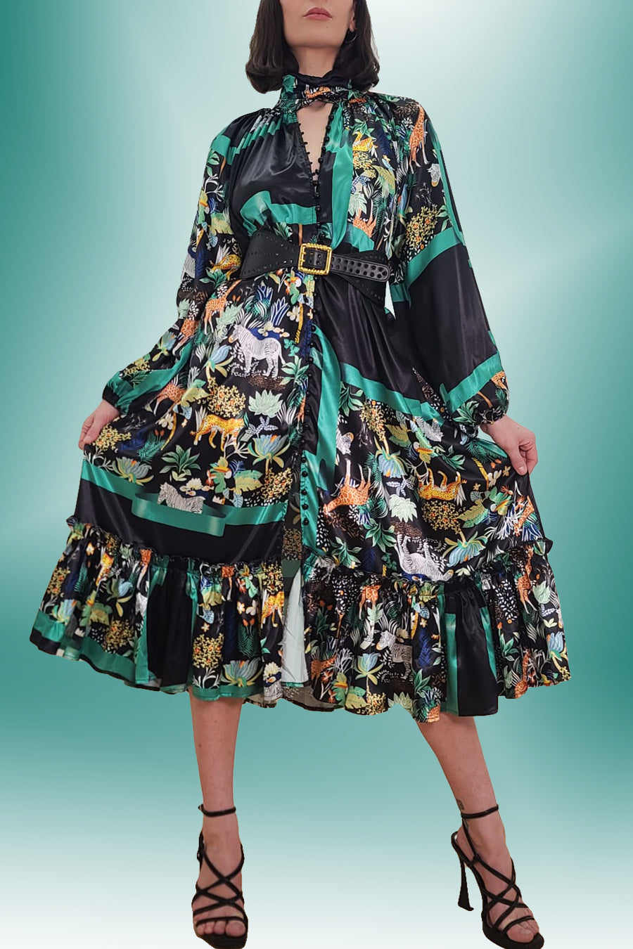 Animal Print Mock Neck Flounce Sleeve Dress