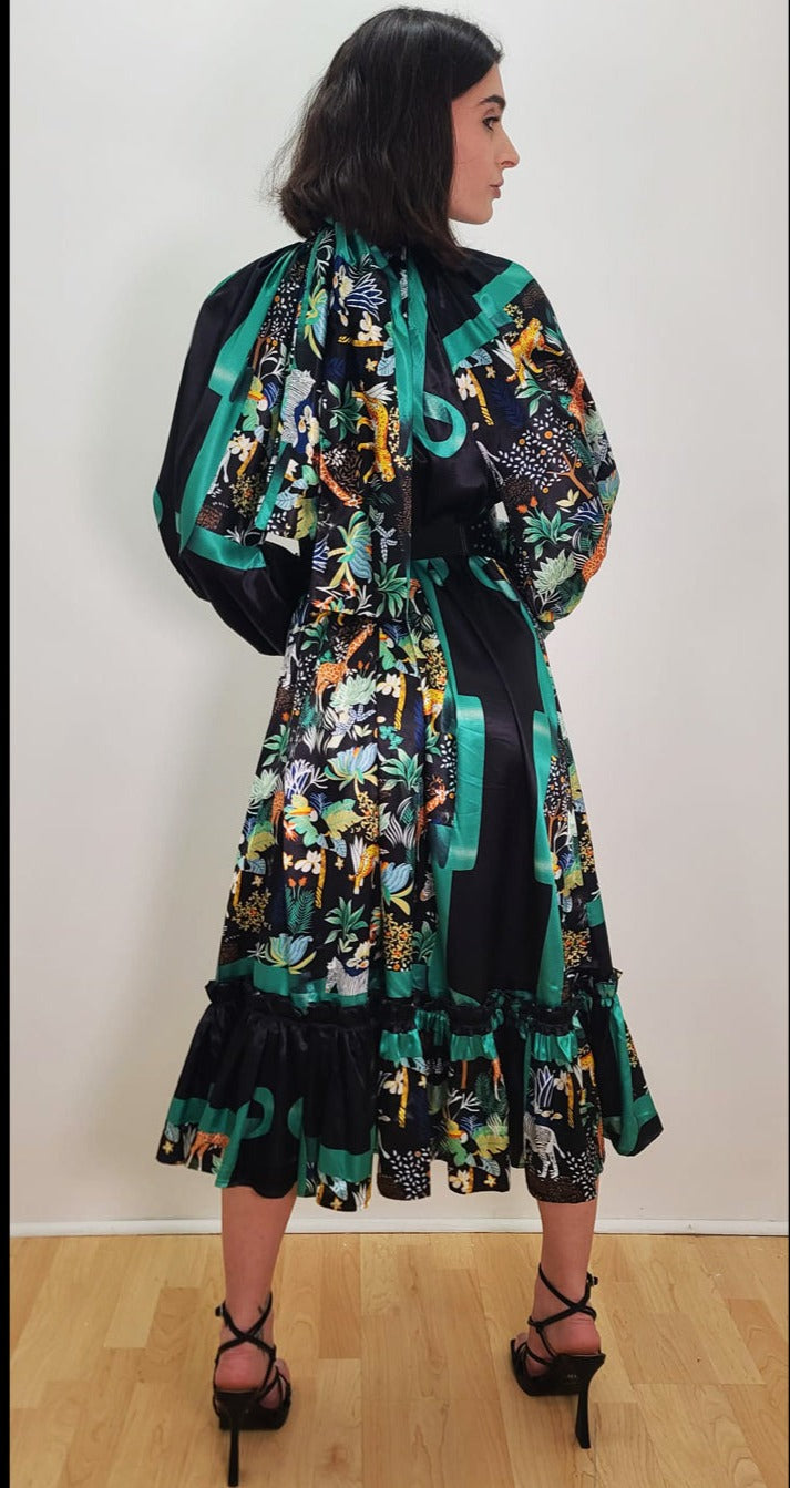 Long Sleeve Animal Print High Neck Midi Dress