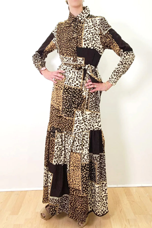 Formal Dresses Long Sleeve Leopard Print Collar Dress Multi