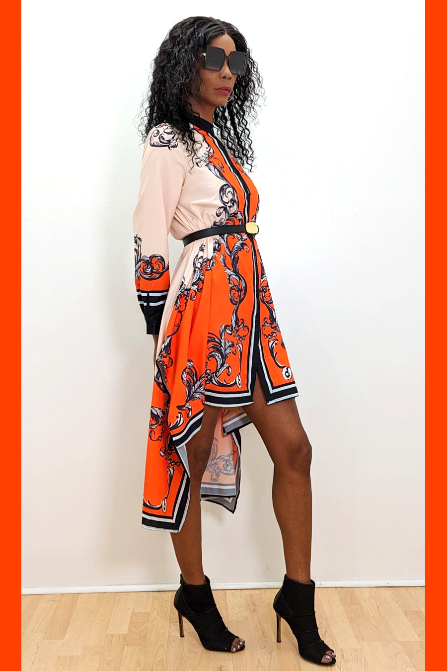 Long Sleeve Button Down High Low Belt Dress