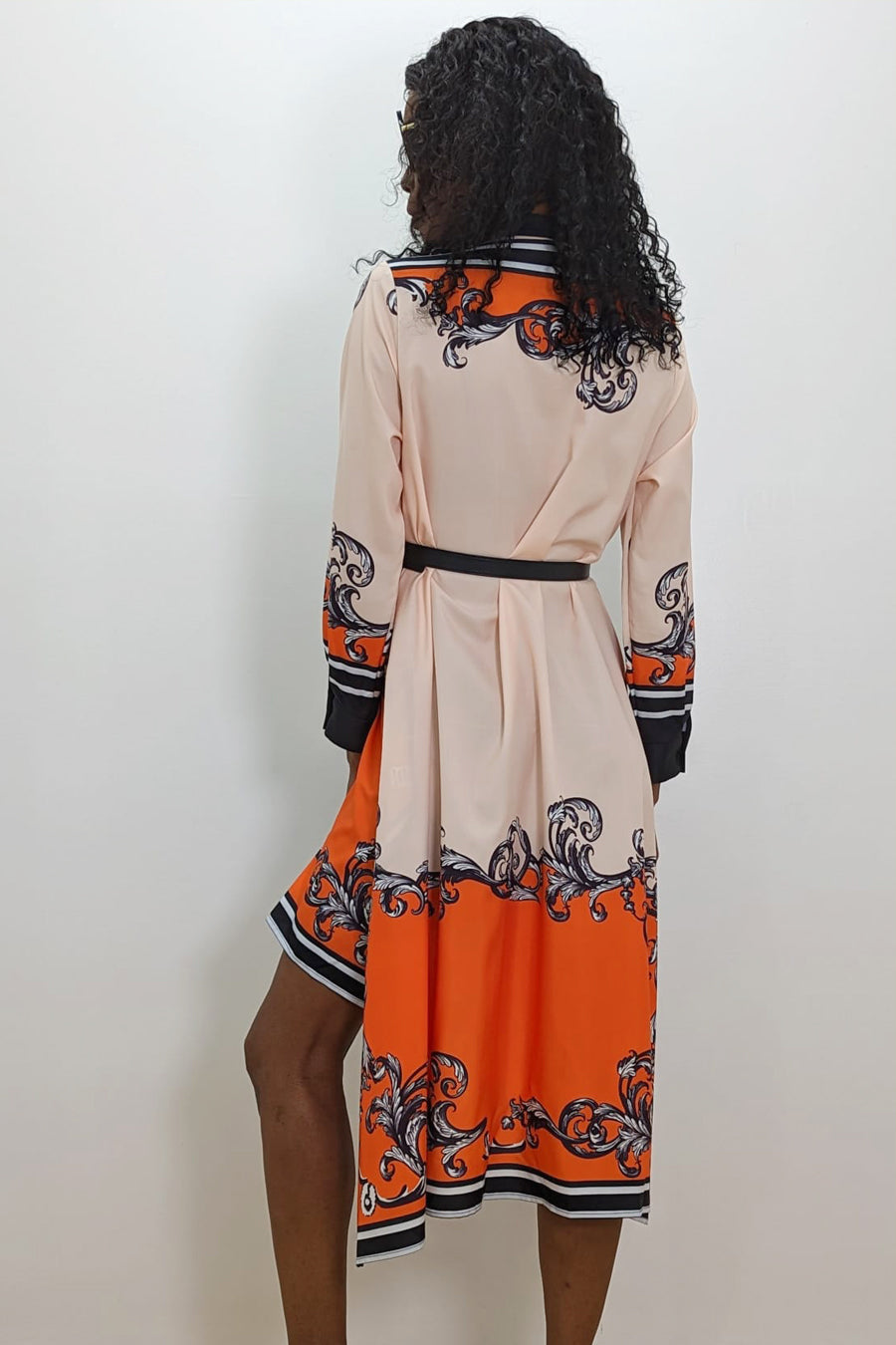 Long Sleeve Button Down High Low Belt Dress