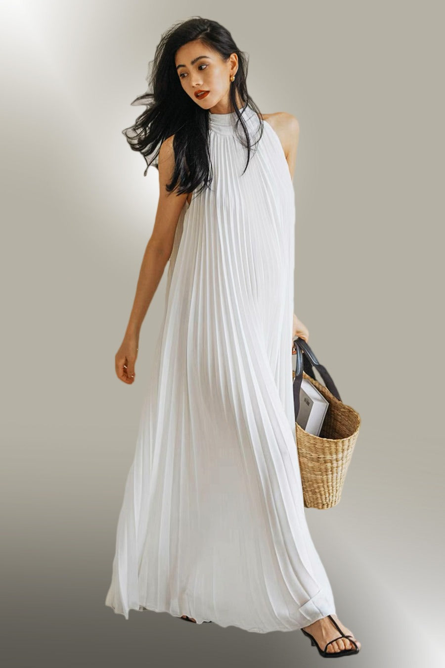 Formal Dresses Sleeveless Halter Pleated Long Dress White