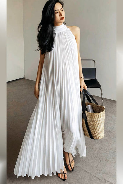 Formal Dresses Sleeveless Halter Pleated Long Dress White