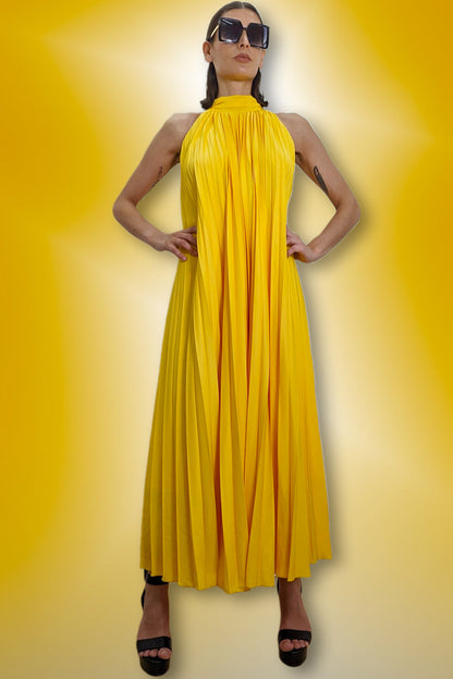 Formal Dresses Sleeveless Halter Pleated Long Dress Yellow