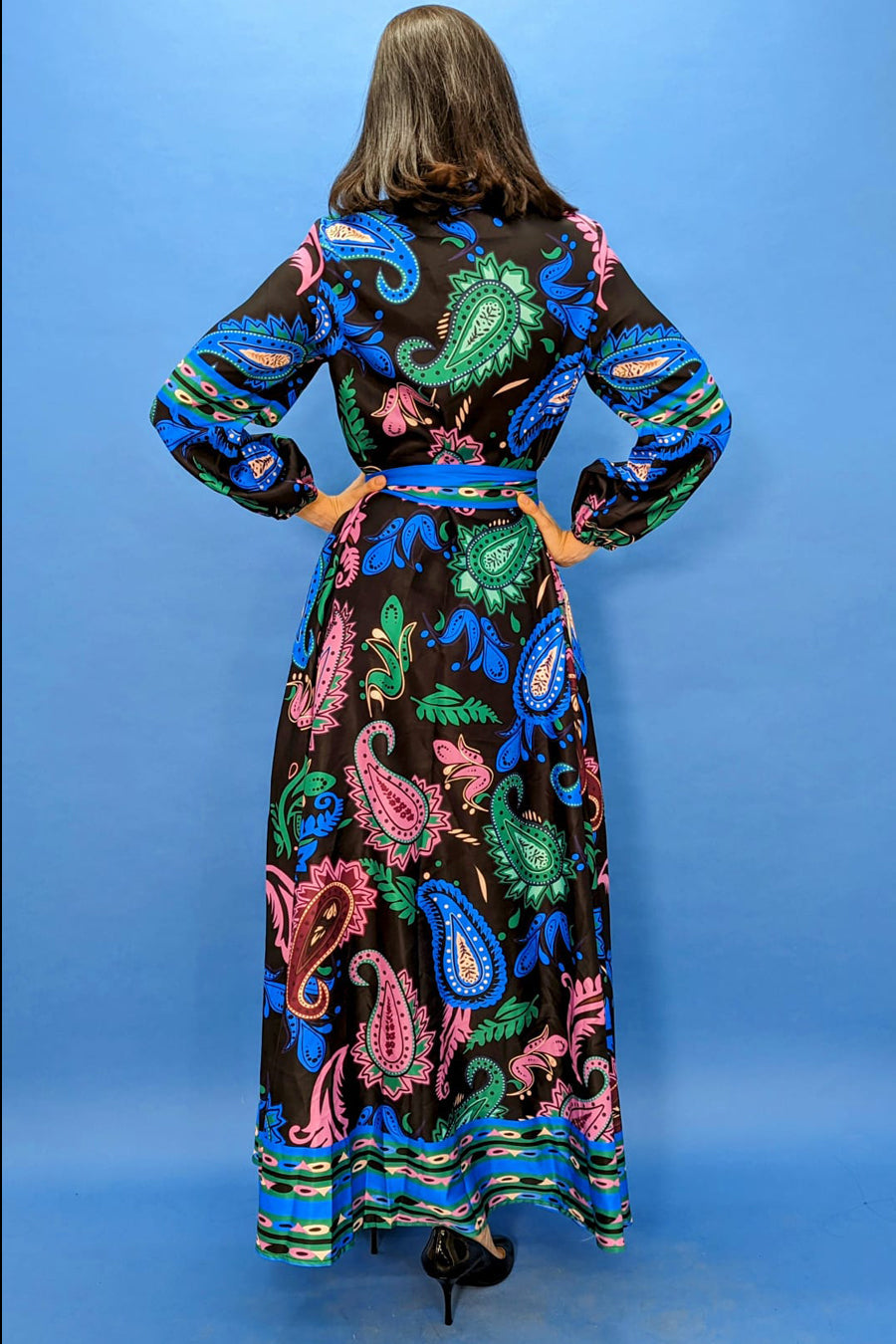 Long Sleeve V Neck Printed Wrap Belt Button Down Dress