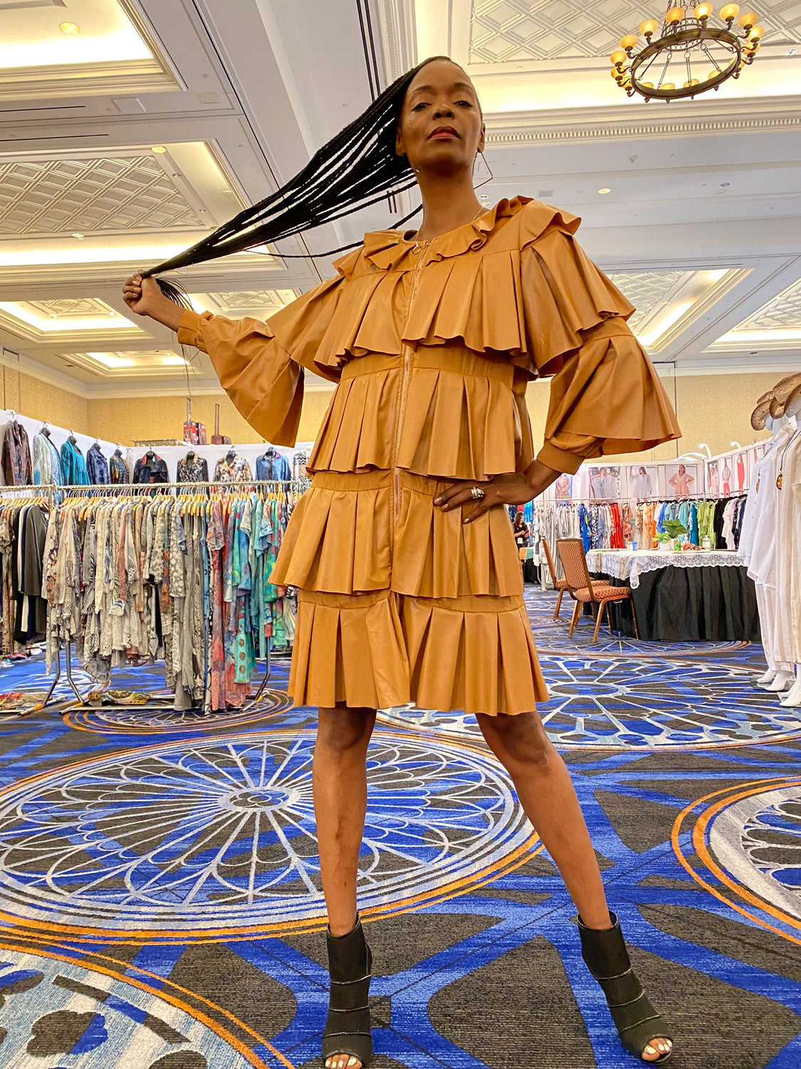 Long Sleeve Leather Layered Zipper Short Dress