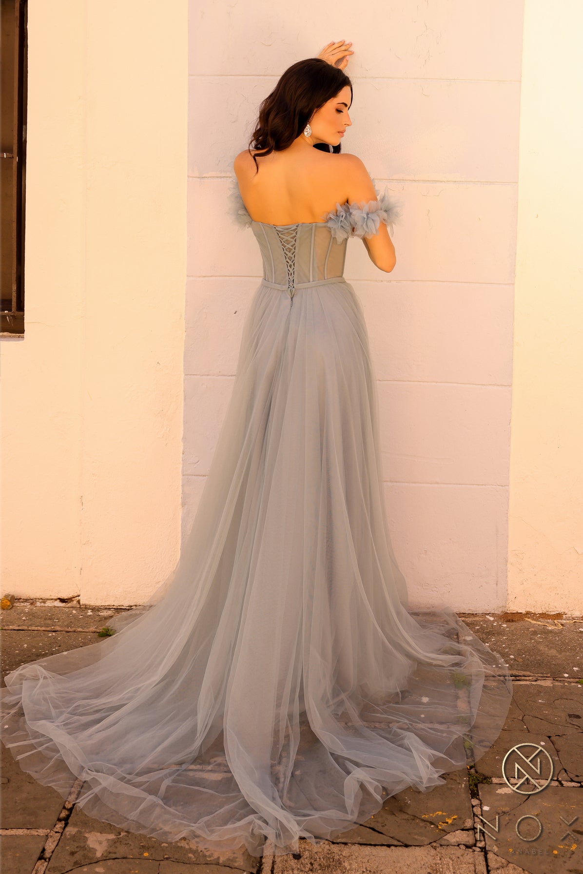 Dusty Blue Nox Anabel Y1474 Long Formal A Line Evening Prom Gown for