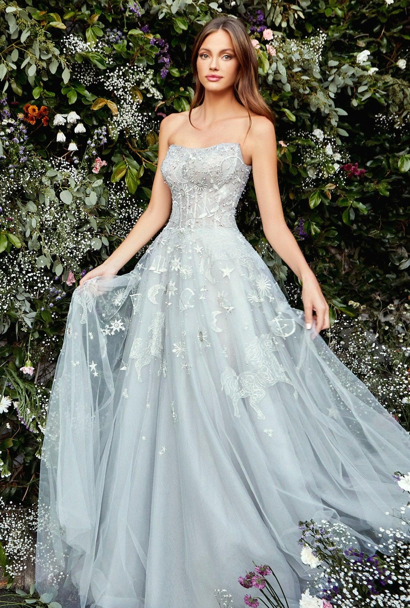 Andrea & Leo A0890 Strapless A-Line Prom Gown Lt Silver