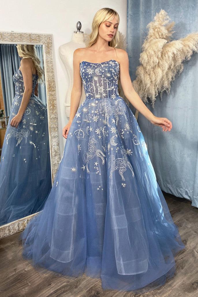 Andrea & Leo A0890 Strapless A-Line Prom Gown Dusty Blue 1