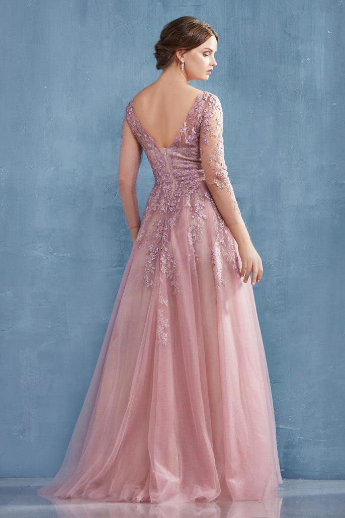 Andrea & Leo A0988 Long Sleeve A Line Gown  Rose Back