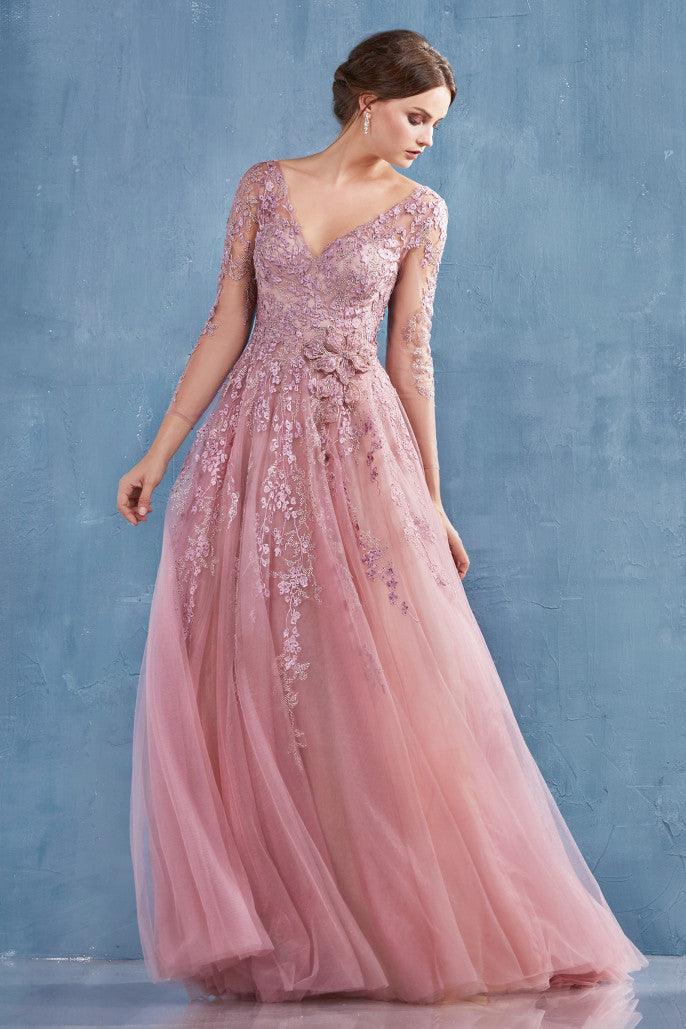 Andrea & Leo A0988 Long Sleeve A Line Gown Rose 3