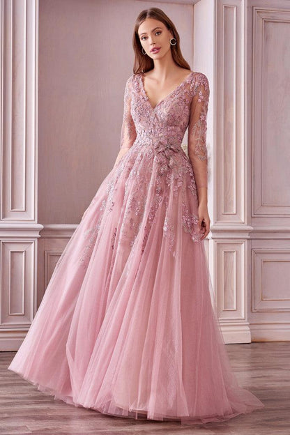 Andrea & Leo A0988 Long Sleeve A Line Gown  Rose